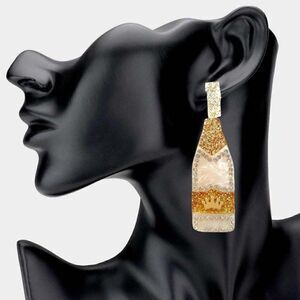 Champagne Bottle White Glittered Acetate Dangle Earrings